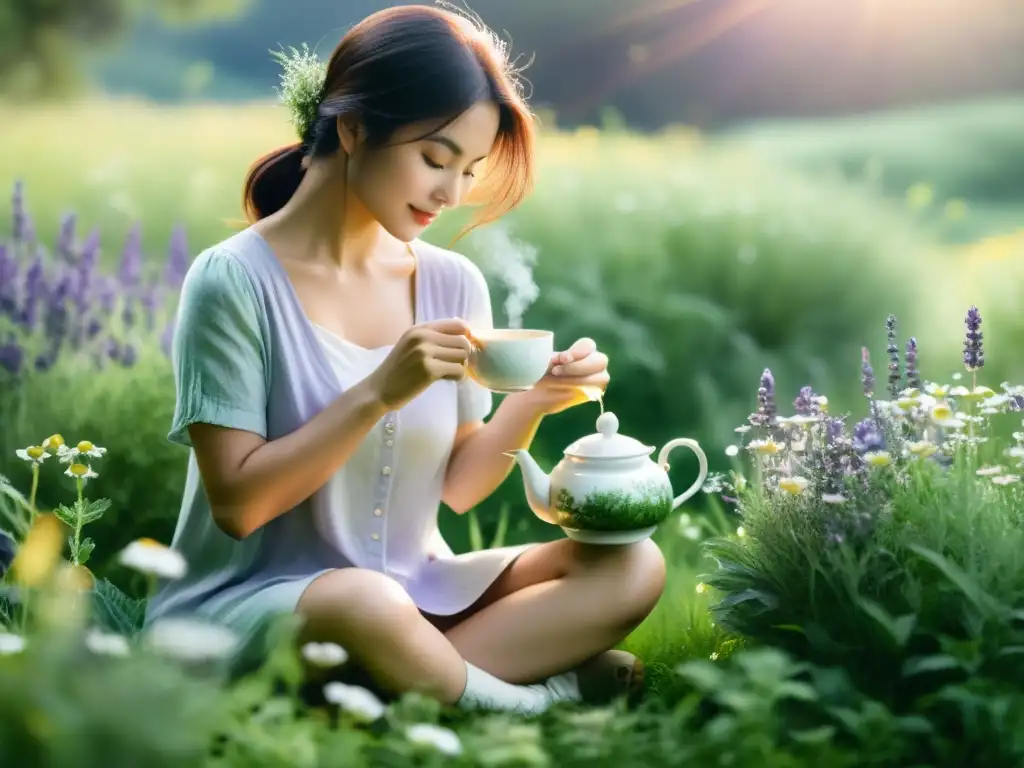 Tranquilidad en la pradera: persona preparando té de hierbas Persona preparando y consumiendo plantas medicinales en un prado verde y florido, en una ilustración serena y etérea en acuarela