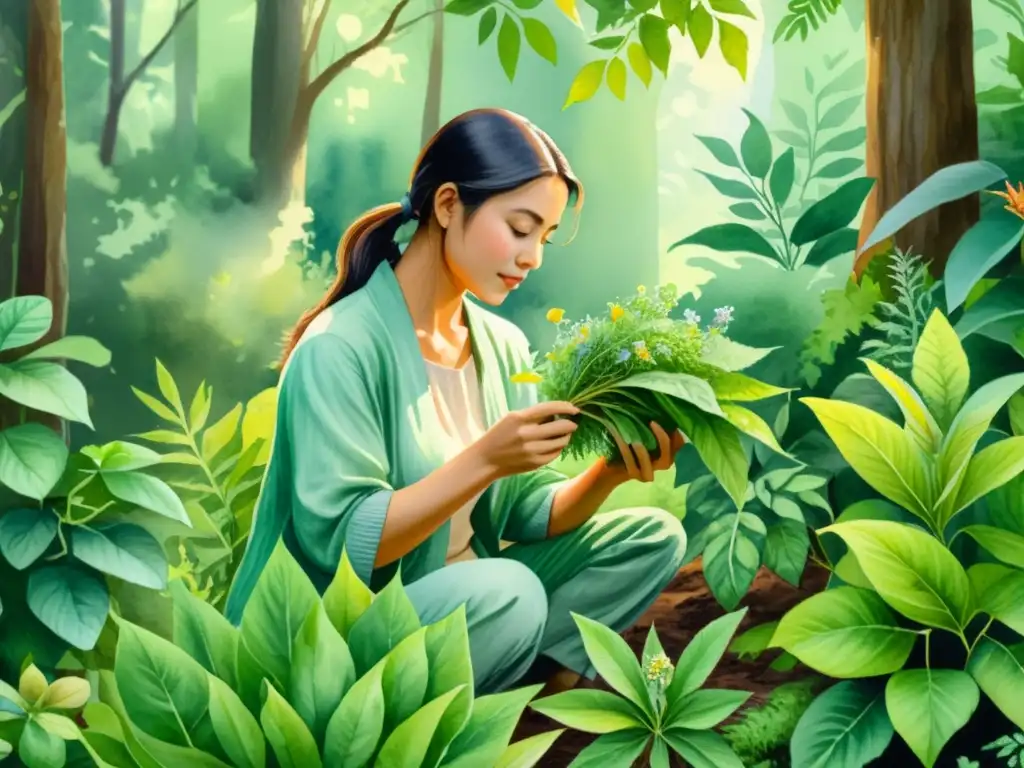 Armonía en la recolección de plantas medicinales Persona cosechando plantas medicinales con técnicas respetuosas en un exuberante bosque