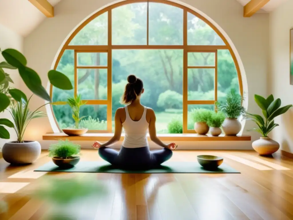 Persona en pose de yoga aplicando elixires herbales en un estudio sereno, con luz natural y vegetación exuberante