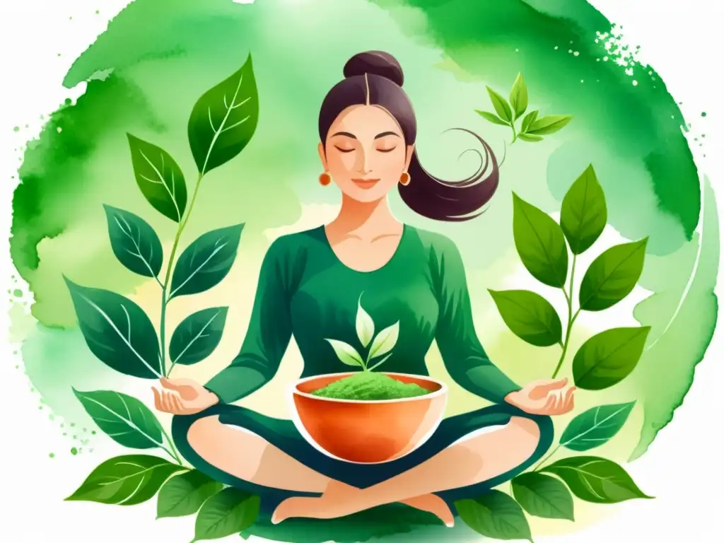 Persona en postura de yoga rodeada de naturaleza y Ashwagandha, reflejando concentración y tranquilidad para la práctica de yoga