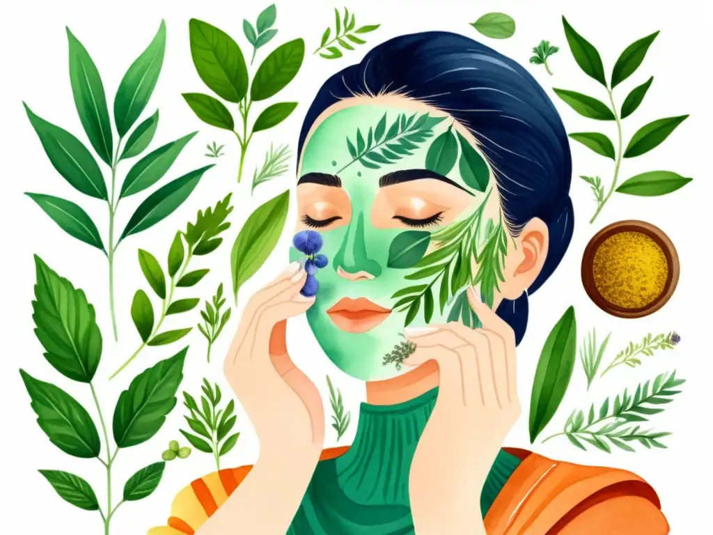 Persona aplicando remedios herbales para el acné en rostro rodeada de plantas y hierbas, evocando cuidado natural y sanación