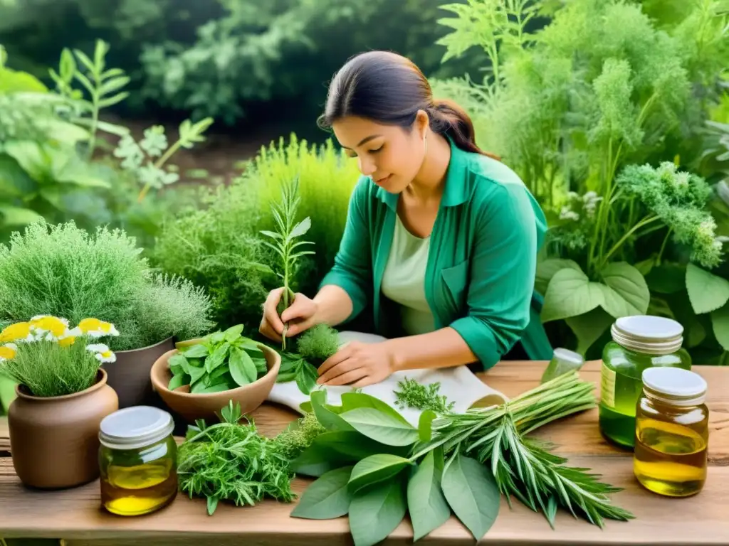 Persona preparando remedios naturales con plantas en emergencias con plantas medicinales en un entorno rústico y urgente