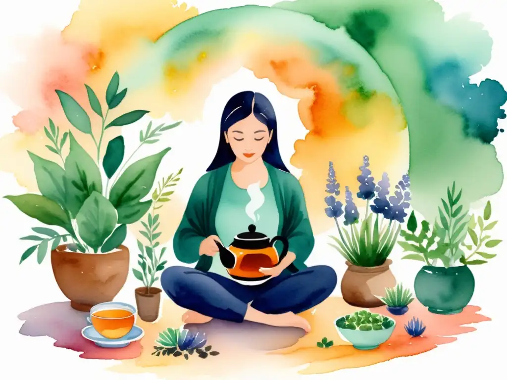 Ritual de té herbal: serenidad y naturaleza Persona serena preparando tisana terapéutica con plantas medicinales, disfrutando los beneficios de las hierbas en ambiente acogedor y cálido