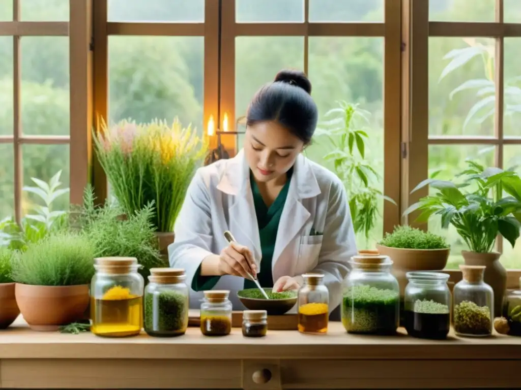 Persona preparando tinturas medicinales caseras en un taller de medicina herbal, rodeada de plantas y hierbas, evocando sabiduría y tradición