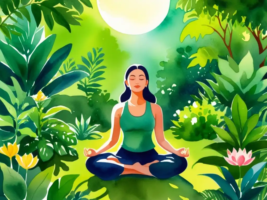 Persona meditando en un jardín verde exuberante con plantas vibrantes, disfrutando los beneficios de la meditación al aire libre