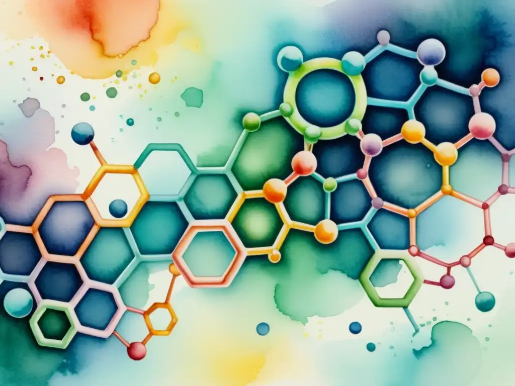 Una pintura acuarela de una compleja estructura molecular con vibrantes colores y detalles intrincados, representando interacciones entre compuestos