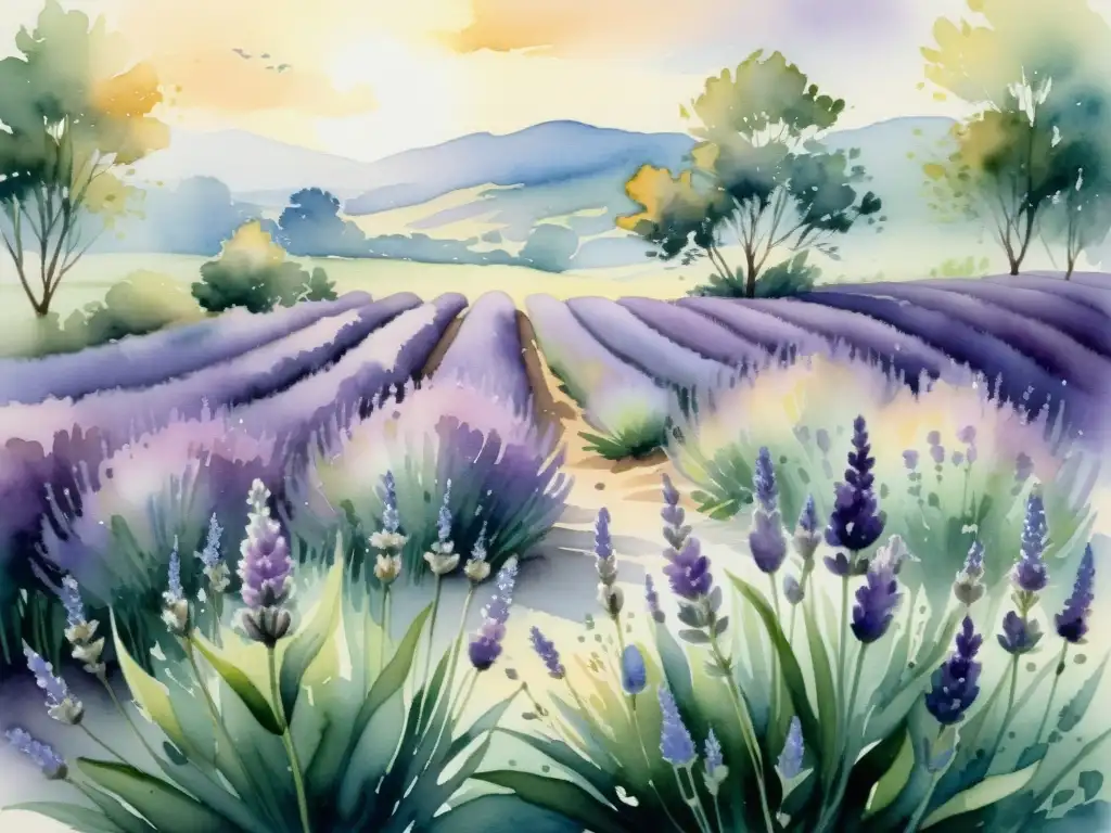 Una pintura acuarela detallada de un campo sereno de lavanda con delicadas flores moradas ondeando suavemente en la brisa