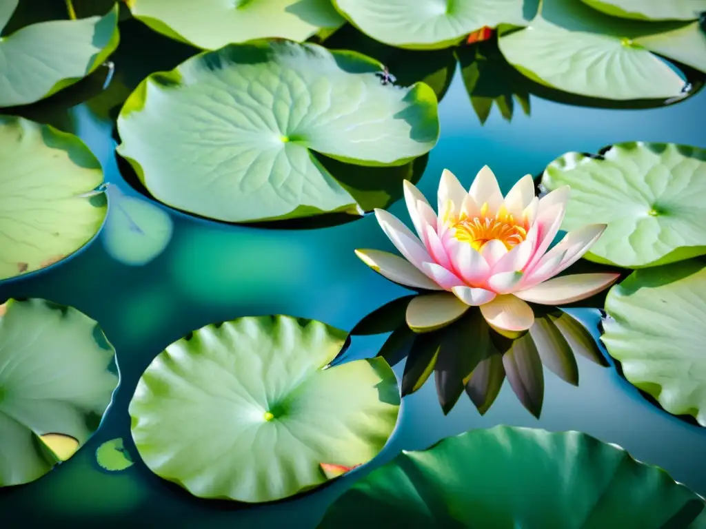 Una pintura acuarela detallada de un estanque sereno con flores de loto rosadas en plena floración, rodeadas de nenúfares verdes