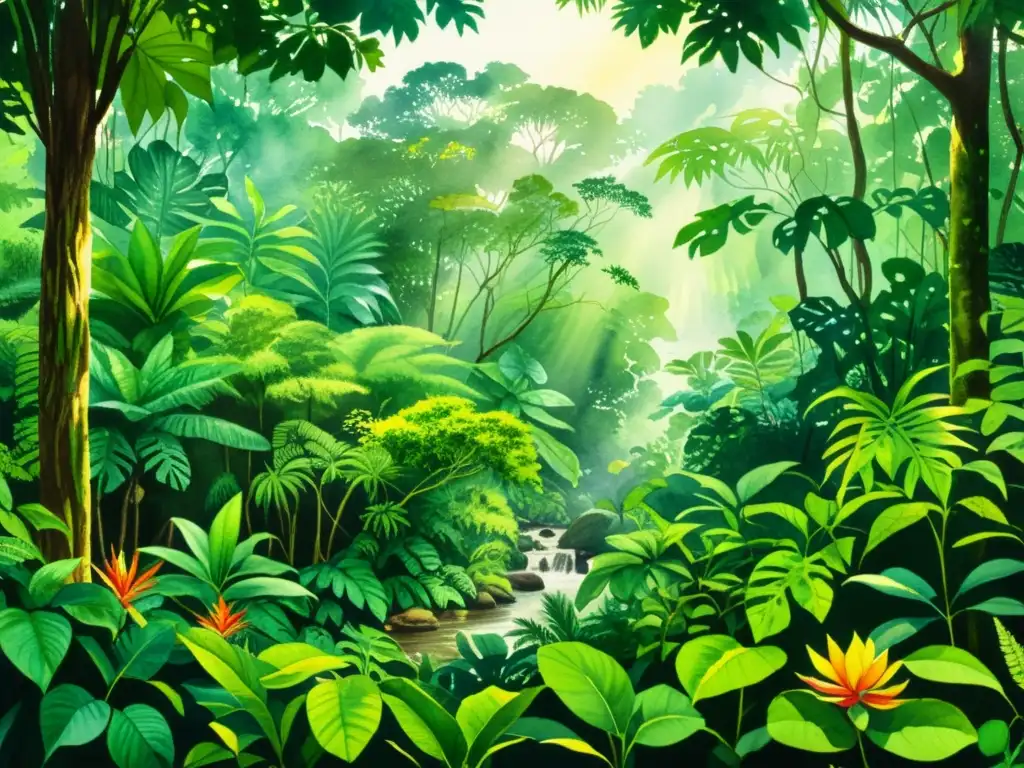 Una pintura acuarela detallada de la exuberante selva amazónica con plantas medicinales vibrantes