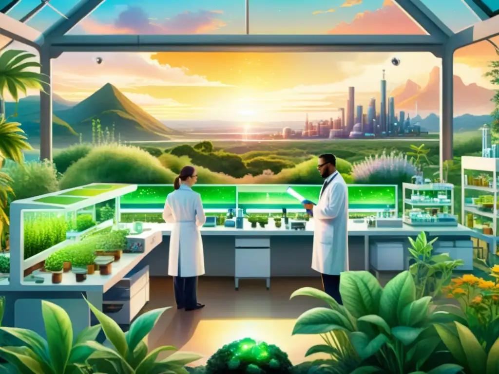 Una pintura acuarela detallada de un laboratorio futurista con nanotecnología en medicina herbal, científicos y jardines vibrantes al atardecer