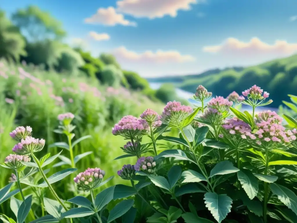 Una pintura acuarela detallada de un prado sereno lleno de flores de valeriana en tonos morados y rosados bajo un cielo azul