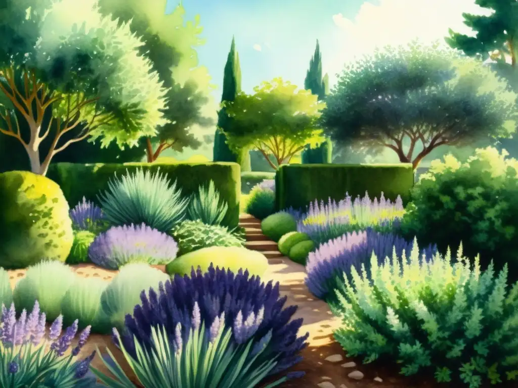 Una pintura acuarela detallada de un jardín sereno lleno de hierbas vibrantes y aromáticas como lavanda, romero y salvia