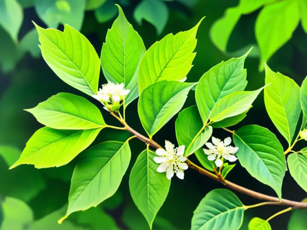 Una pintura acuarela de un exuberante árbol de noni con hojas brillantes y flores blancas