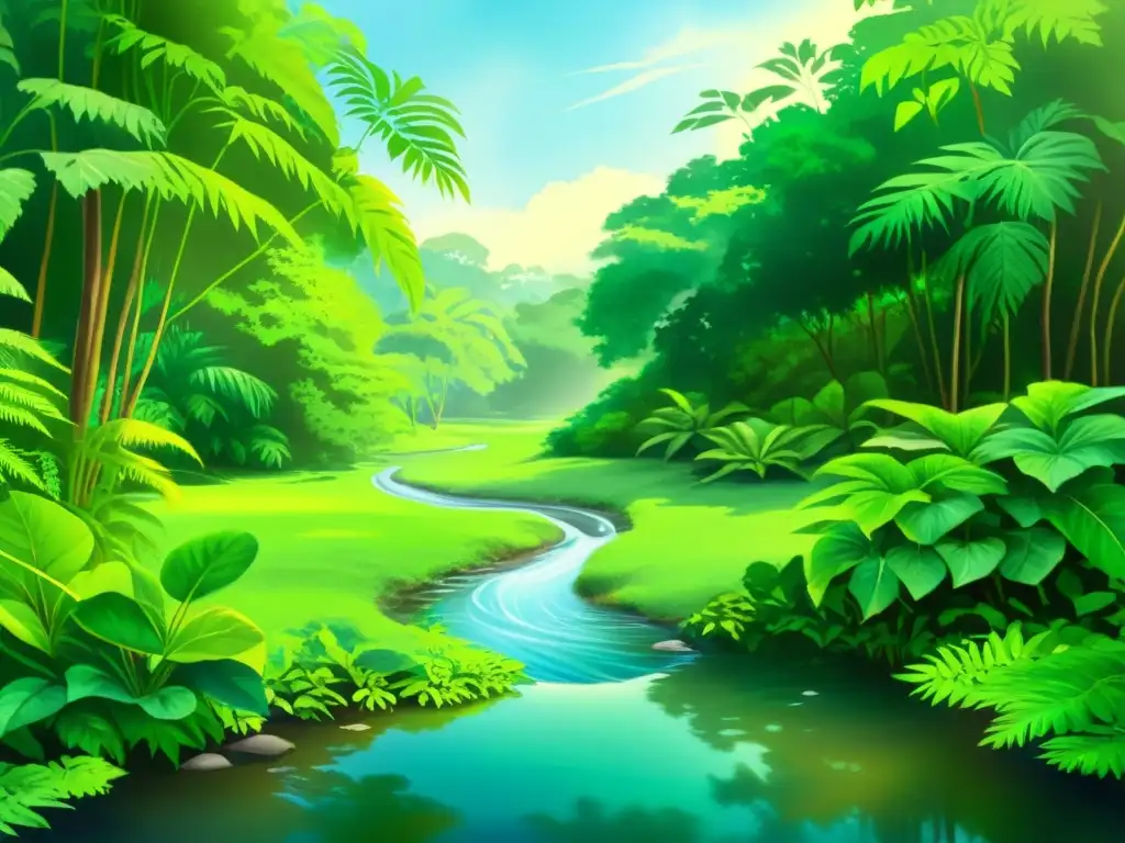 Una pintura acuarela de un paisaje sereno y exuberante con un arroyo suave y plantas tropicales vibrantes, como la raíz de kava