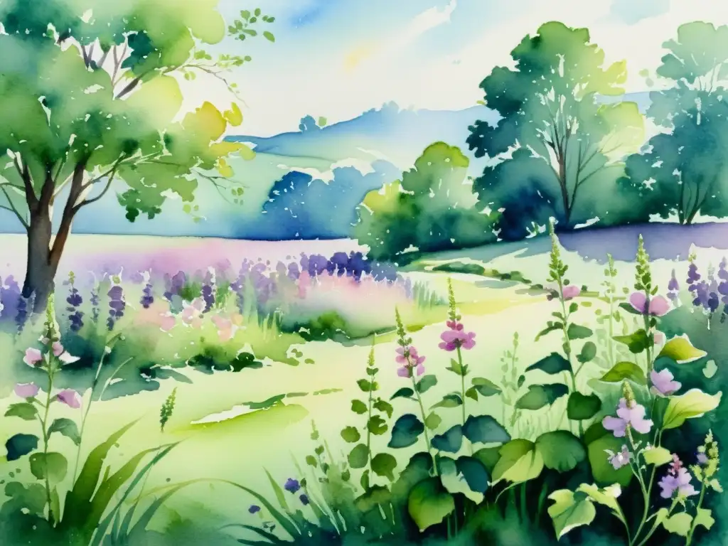 Una pintura acuarela muestra un prado verde con flores malva