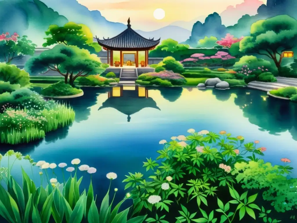 Una pintura acuarela detalla la recolección de valeriana en un jardín chino, evocando la armonía de la medicina tradicional china