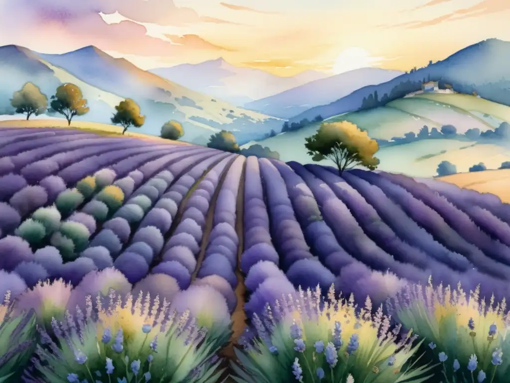 Una pintura acuarela serena de un campo de lavanda al atardecer, con flores moradas suaves meciéndose bajo un cielo pastel