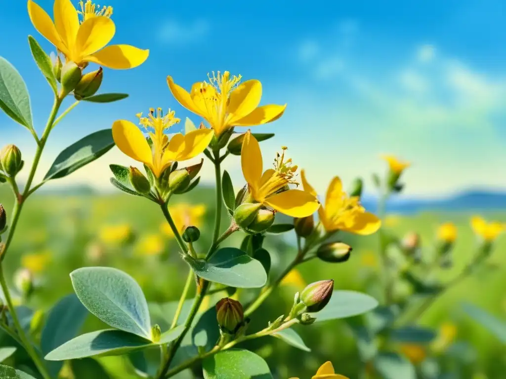 Una pintura acuarela serena de un campo de vibrantes flores amarillas de hierba de San Juan, con hojas verdes y un cielo azul claro de fondo