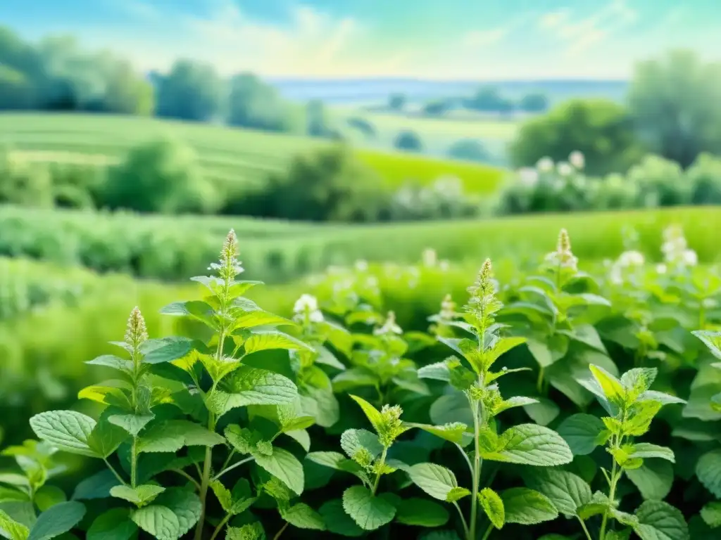 Una pintura acuarela serena de un campo verde exuberante con plantas de melisa, evocando calma y beneficios medicinales de la melisa