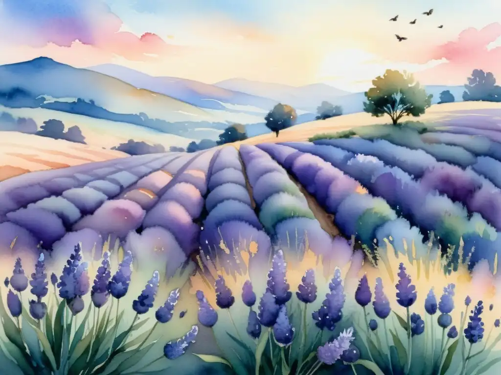 Una pintura acuarela serena de un campo de lavanda al atardecer