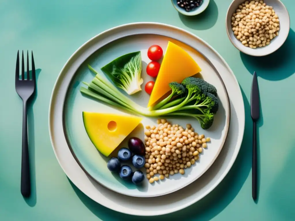 Una pintura acuarela serena que muestra un equilibrado plato de alimentos macrobióticos, con vegetales, granos y legumbres