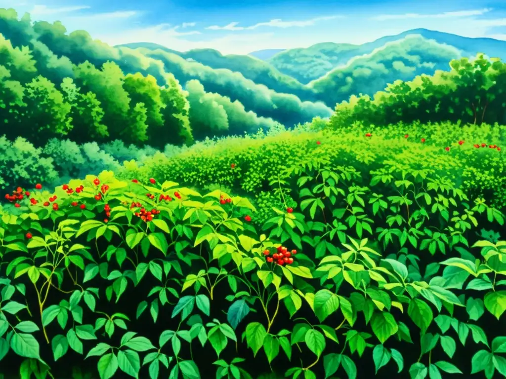 Una pintura acuarela serena de un exuberante campo de ginseng, con hojas verdes vibrantes y bayas escarlatas, bajo un cielo azul claro