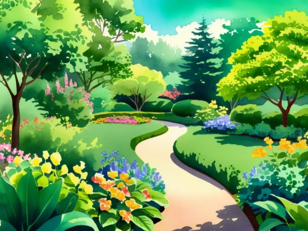 Una pintura acuarela serena de un exuberante jardín botánico, con hojas verdes vibrantes y flores coloridas en plena floración