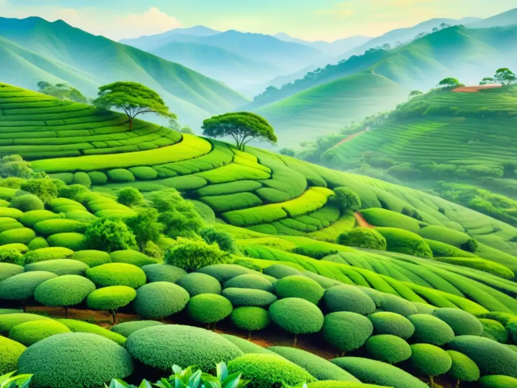 Una pintura acuarela serena de una exuberante plantación de té verde, con hojas delicadas siendo cosechadas a mano