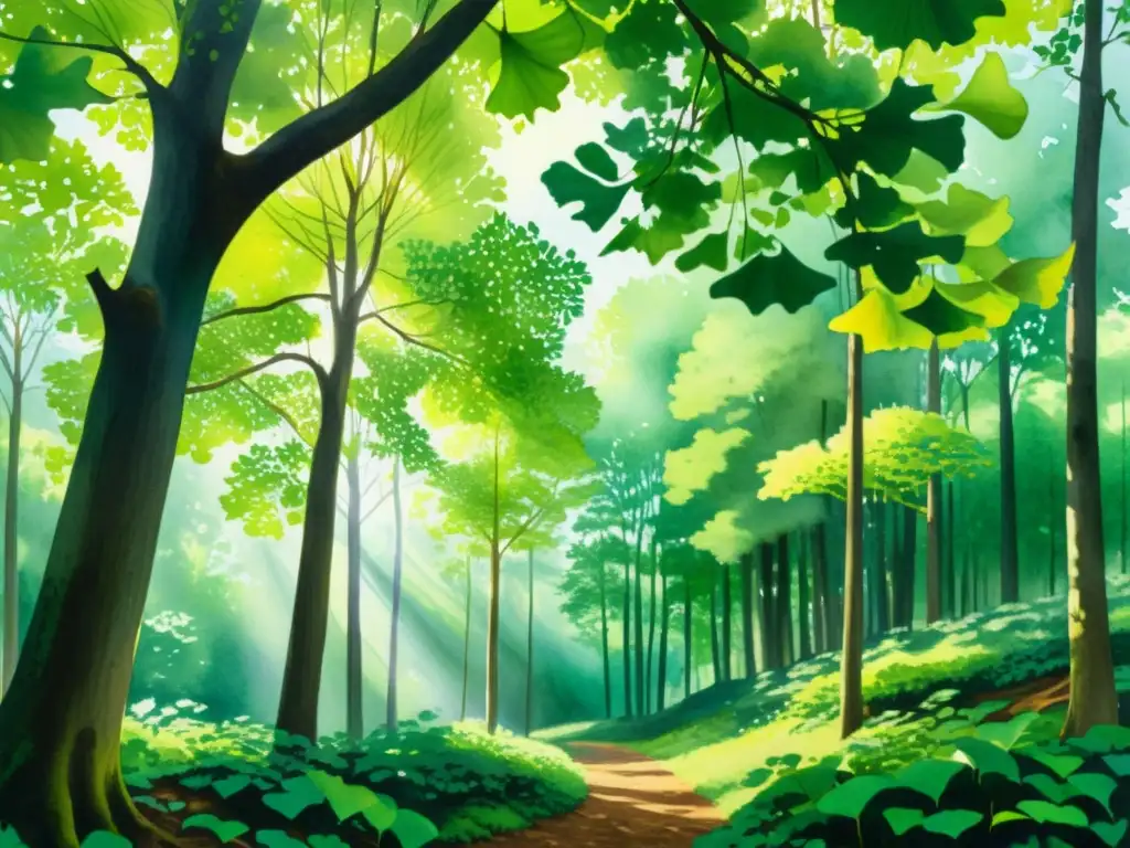 Una pintura acuarela serena de un exuberante bosque verde con árboles de ginkgo biloba; colores vibrantes y pinceladas detalladas evocan paz y rejuvenación, beneficios ginkgo biloba memoria