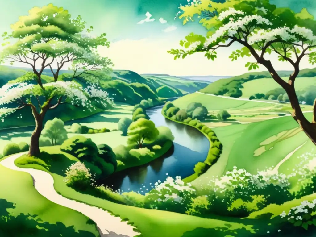 Una pintura acuarela serena de un exuberante paisaje verde con un río serpenteante en primer plano, rodeado de árboles de espino blanco chino en flor