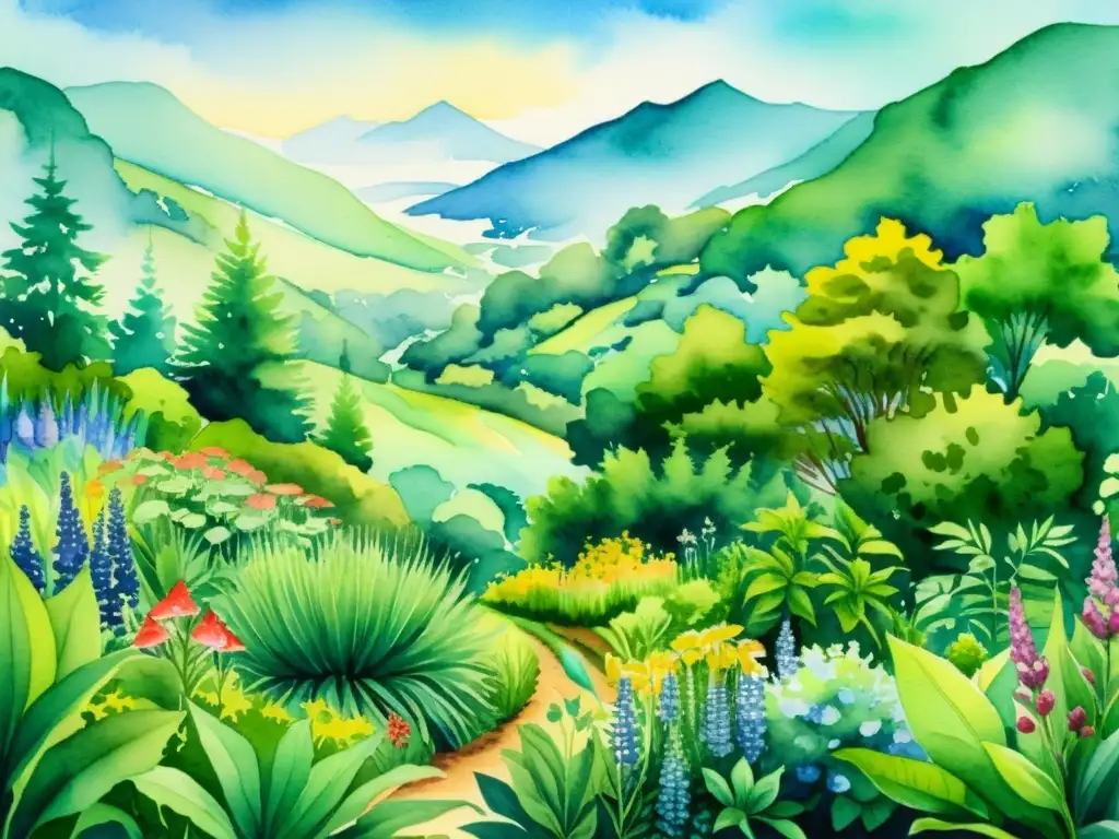 Una pintura acuarela serena de un exuberante paisaje biodiverso con plantas medicinales y flores, mostrando técnicas de paisajismo biodiversidad local