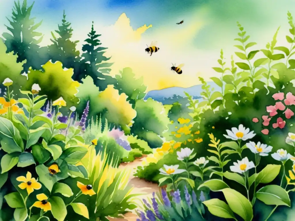 Jardín de hierbas en acuarela: naturaleza serena y vibrante Una pintura acuarela serena de un exuberante jardín de hierbas con hojas verdes vibrantes y flores coloridas
