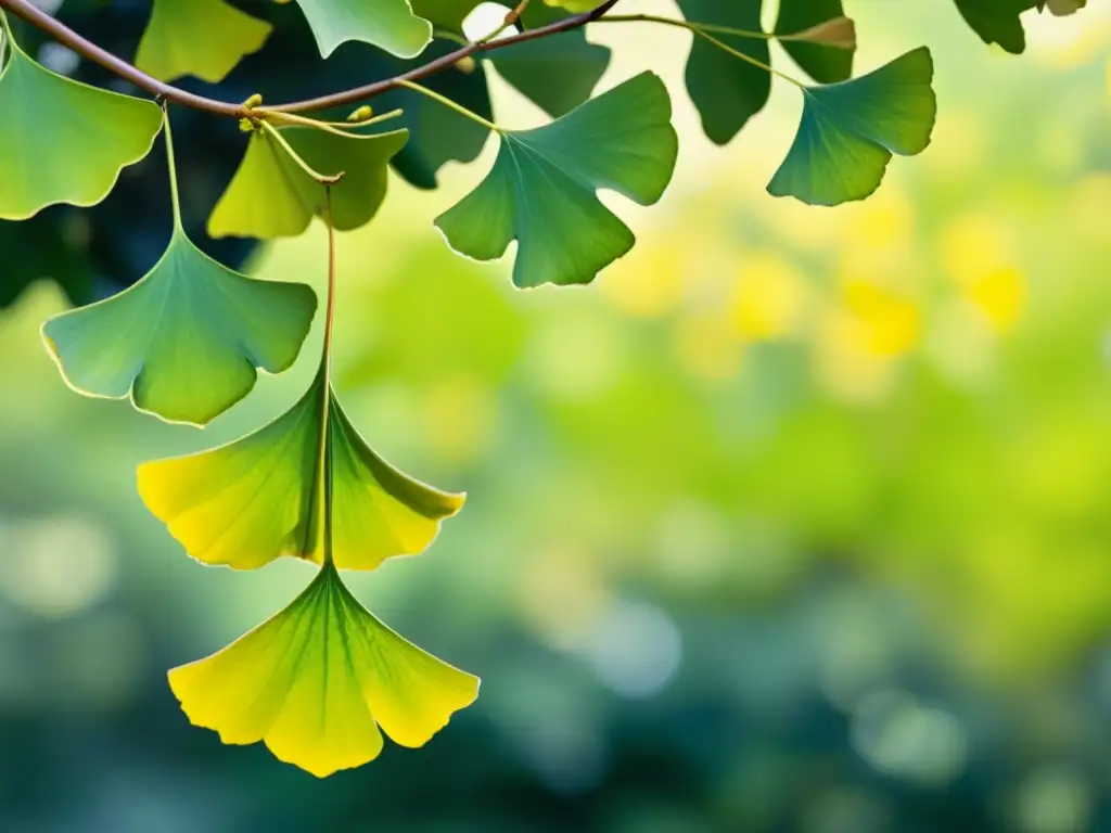 Una pintura acuarela serena de un frondoso árbol de ginkgo biloba en un jardín tranquilo, con hojas en tonos verdes vibrantes y amarillo dorado