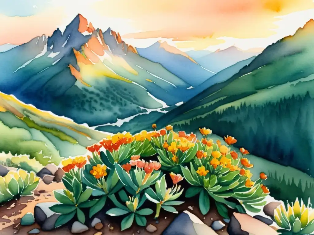 Una pintura acuarela serena de un paisaje montañoso, con vibrantes flores de rododendro en primer plano