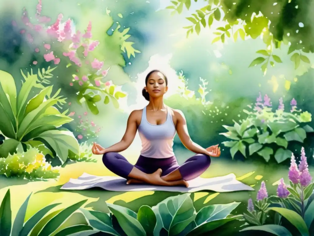 Una pintura acuarela serena de una persona practicando yoga Vinyasa rodeada de plantas de verbena vibrantes, irradiando calma y flexibilidad