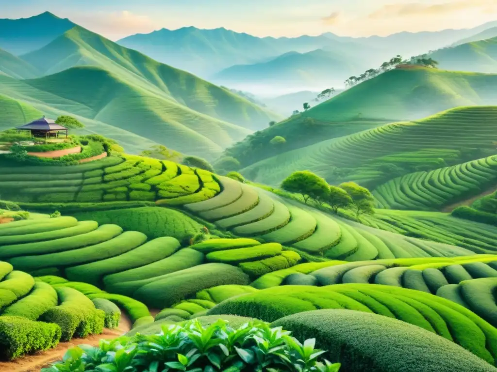 Una pintura acuarela serena de una plantación de té verde, con hojas siendo recolectadas a mano entre colinas, evocando tranquilidad y belleza natural