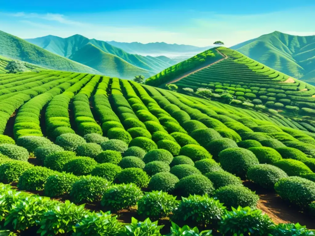 Una pintura en acuarela de una serena plantación de té verde con propiedades antioxidantes, bajo un cielo azul claro