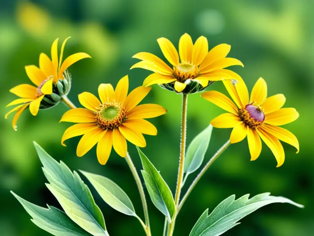 Una pintura acuarela de alta resolución muestra vibrantes flores de árnica en un prado verde exuberante, con el efecto antiinflamatorio de la Arnica