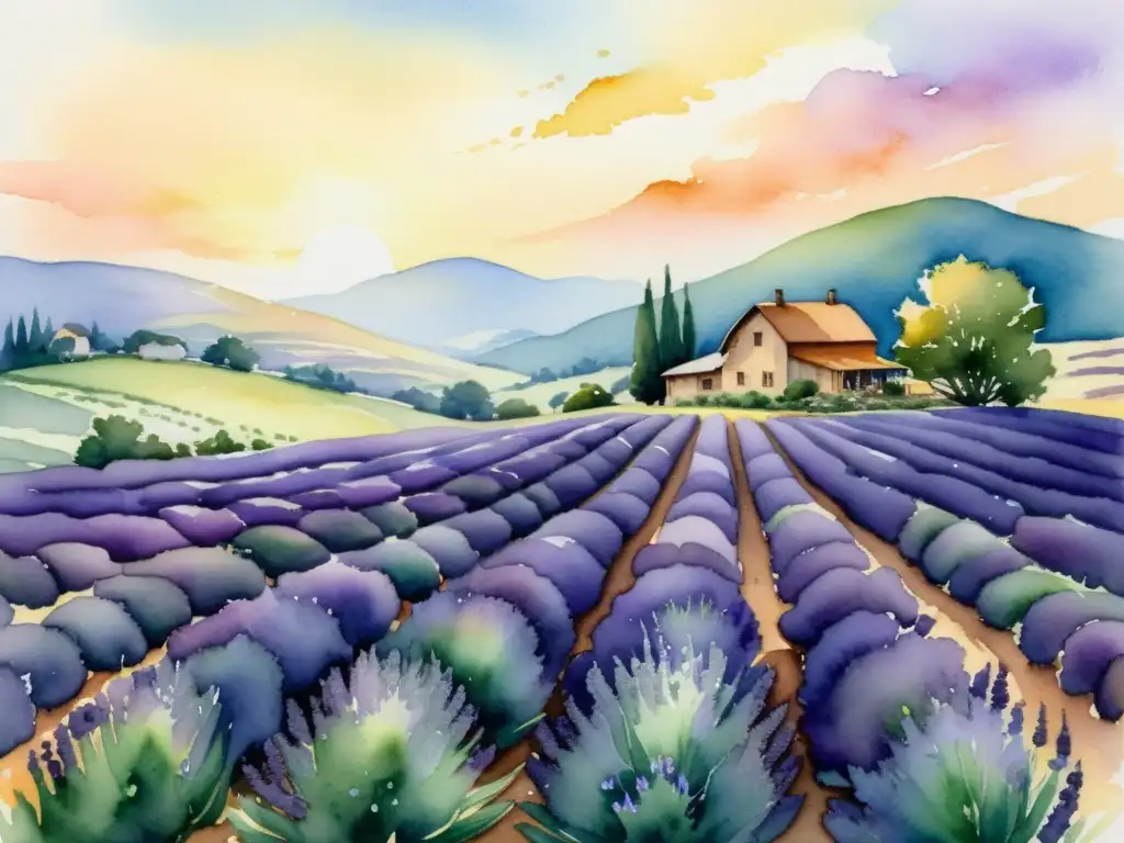 Pintura acuarela de campo de lavanda al atardecer, evocando paz y tranquilidad, ideal para artículo sobre beneficios de la lavanda para relajación