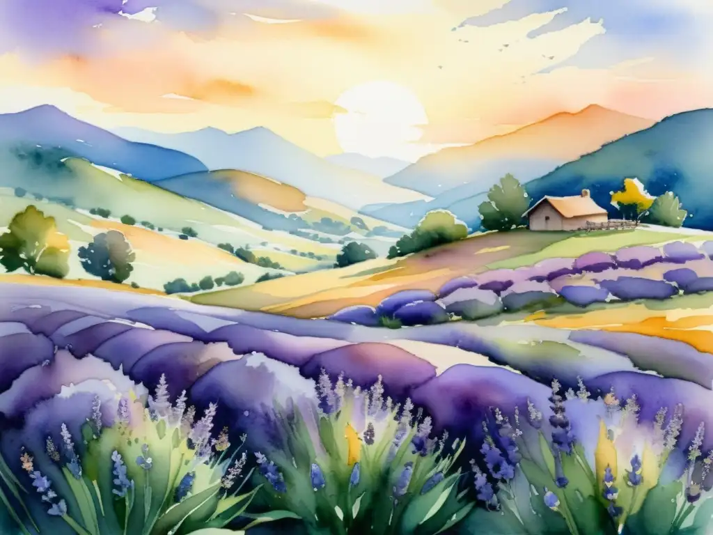 Pintura acuarela de un campo de lavanda al atardecer, evocando serenidad y los usos terapéuticos de la lavanda