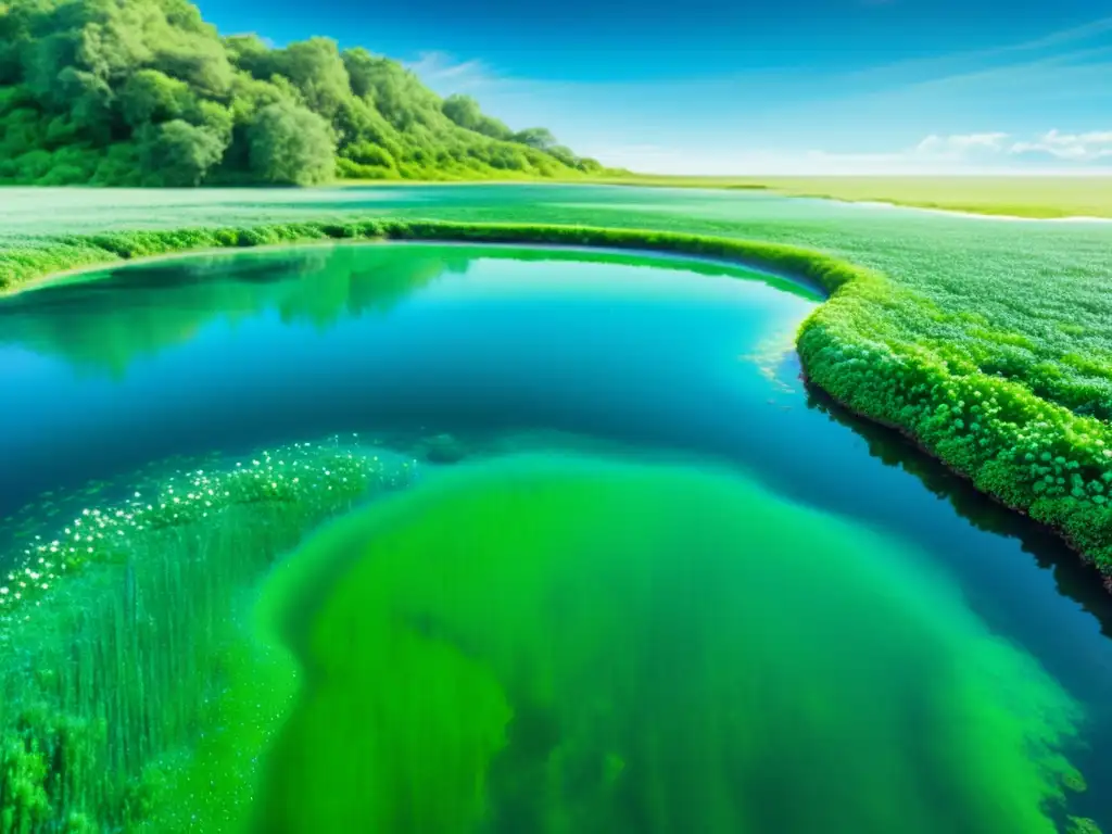 Una pintura detallada en acuarela de un exuberante campo verde lleno de vibrantes algas chlorella y spirulina