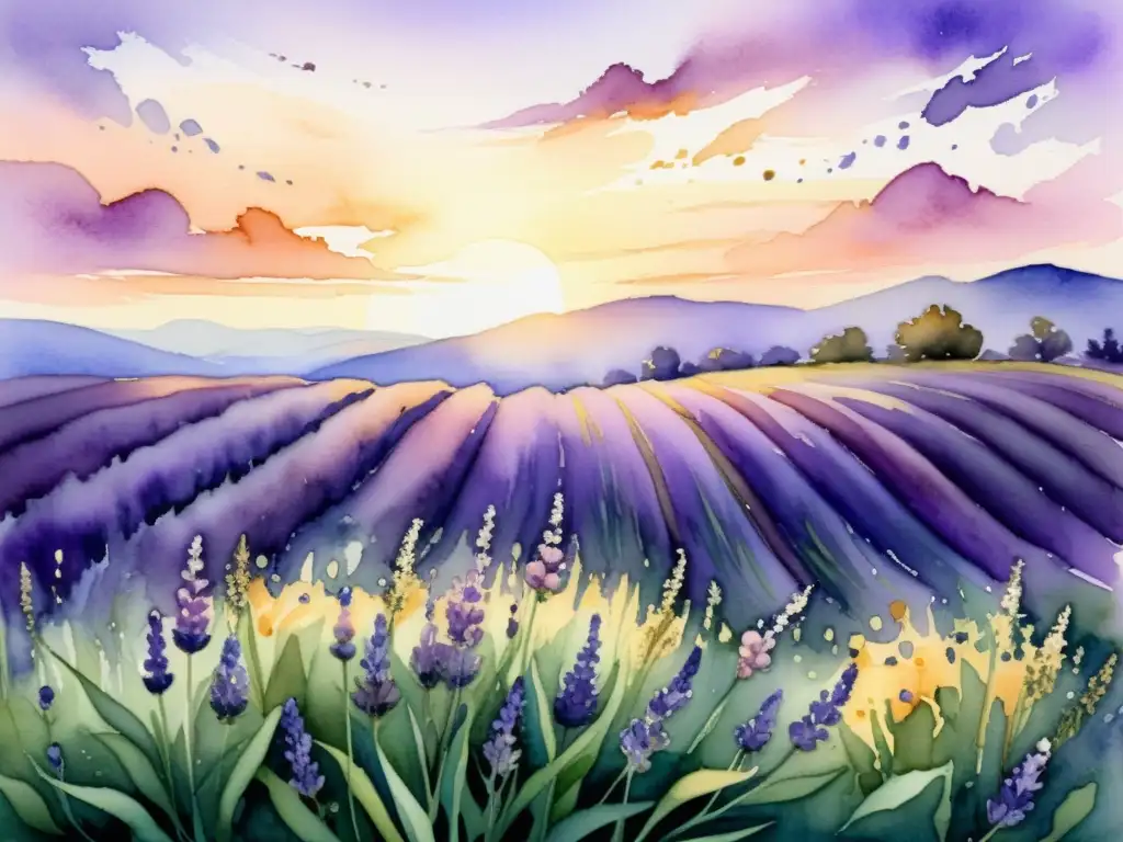 Una pintura detallada al acuarela de un sereno campo de lavanda al atardecer, con flores moradas meciéndose suavemente en la brisa