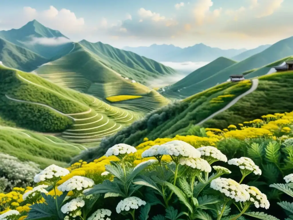 Una pintura detallada al acuarela de un vibrante campo de milenrama china en plena floración, con flores blancas y amarillas meciéndose en el viento