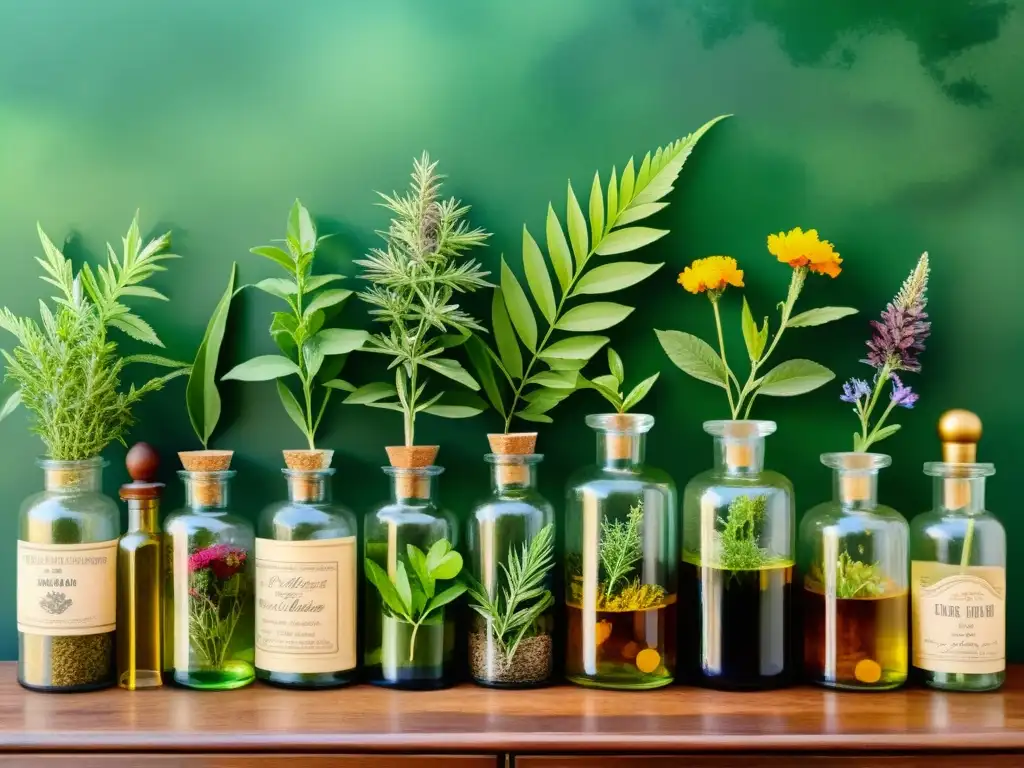 Una pintura detallada de una antigua botica llena de hierbas y plantas, evocando tradición y sabiduría en la medicina herbal en práctica clínica