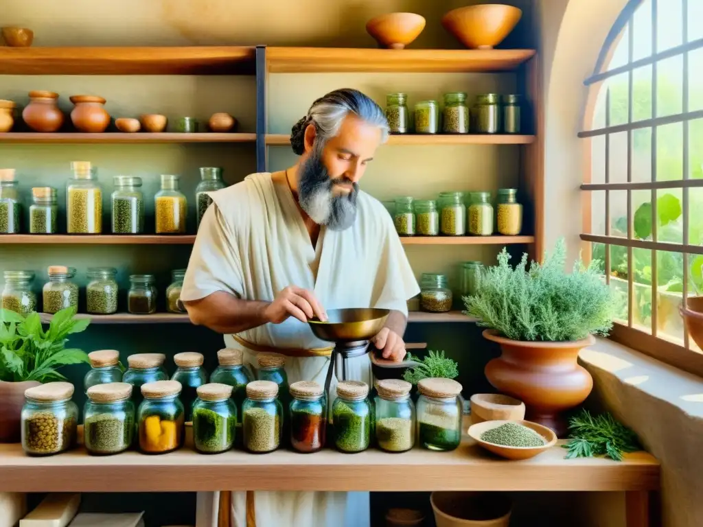 Pintura detallada de una antigua farmacia romana con estantes llenos de frascos de hierbas medicinales cultivo aplicaciones terapéuticas