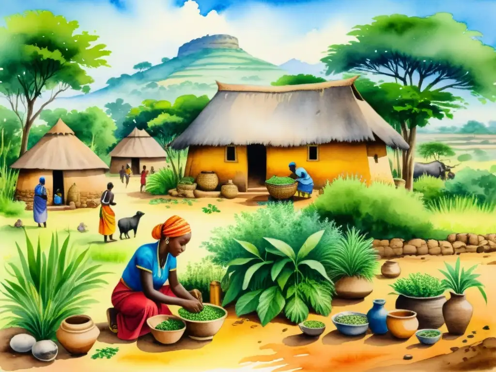 Una pintura detallada muestra un antiguo pueblo africano, con personas preparando hierbas medicinales