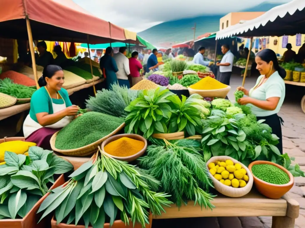 Una pintura detallada de un bullicioso mercado mexicano, lleno de hierbas medicinales y energía cultural