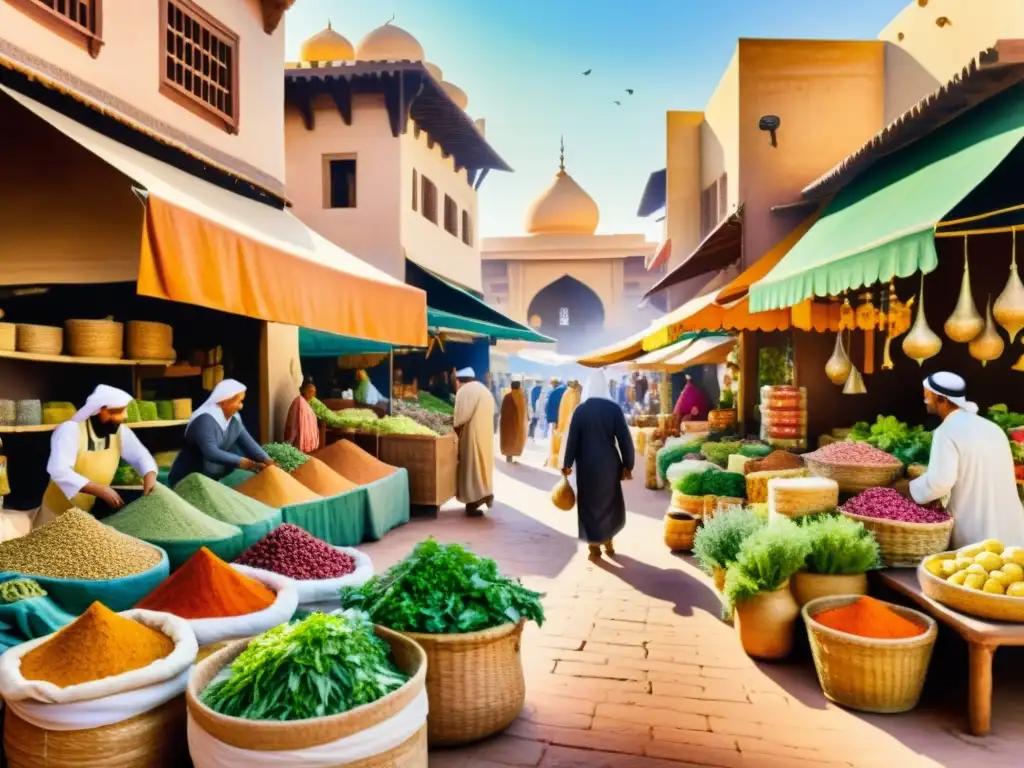 Una pintura detallada de un bullicioso mercado árabe con hierbas y especias vibrantes, que refleja la rica tradición de la medicina herbal árabe