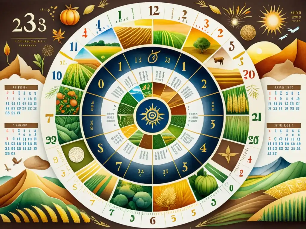 Una pintura detallada de un calendario agrícola ancestral, representando el conocimiento cultural y la conexión con la naturaleza