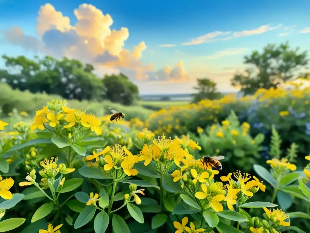 Una pintura detallada de un campo de flores de hierba de San Juan amarillas, con hojas verdes y un cielo azul